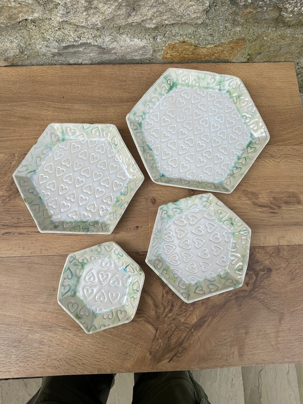 Plates - Set of 4 Nesting, White & Green - 849