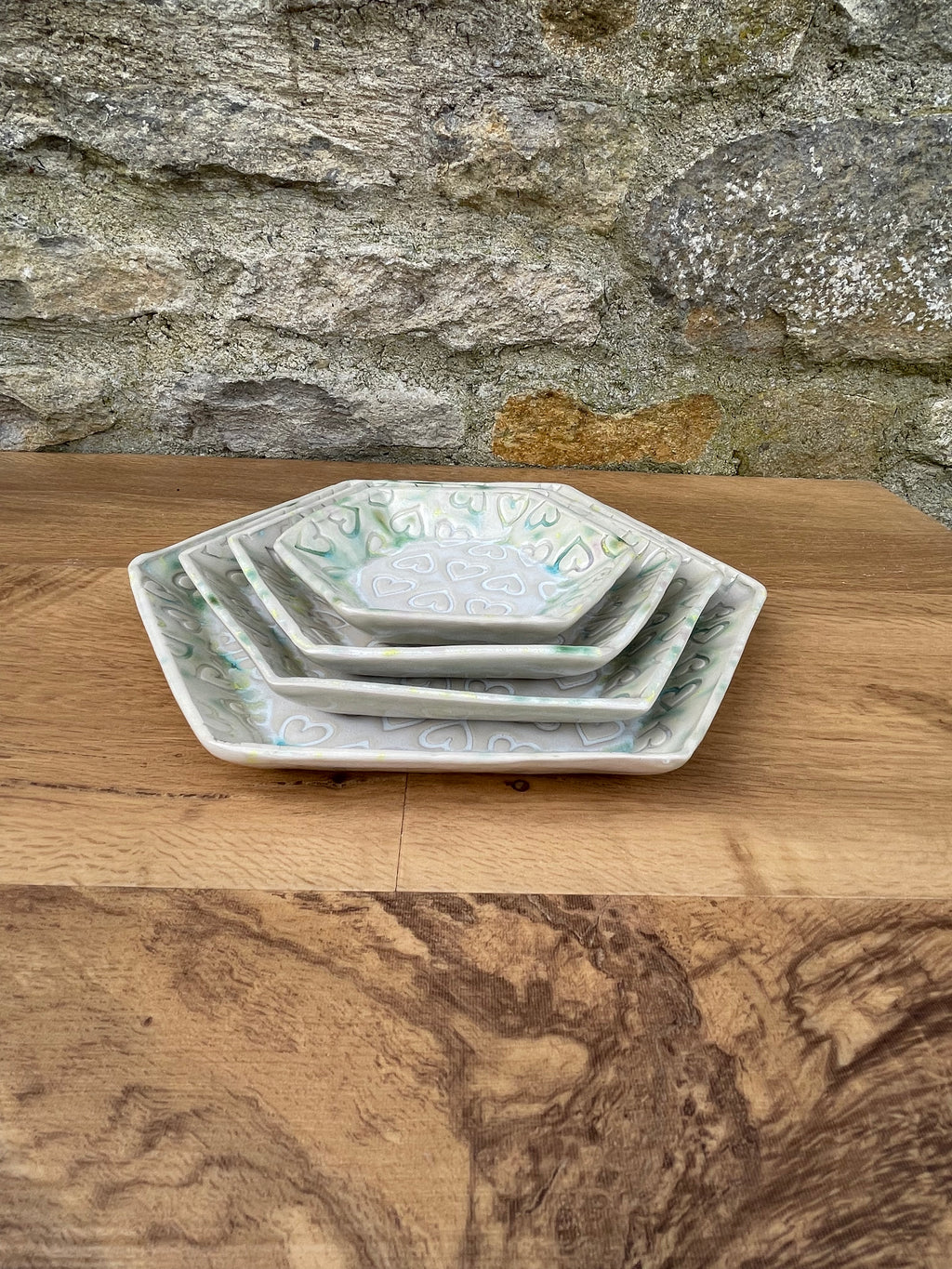 Plates - Set of 4 Nesting, White & Green - 849