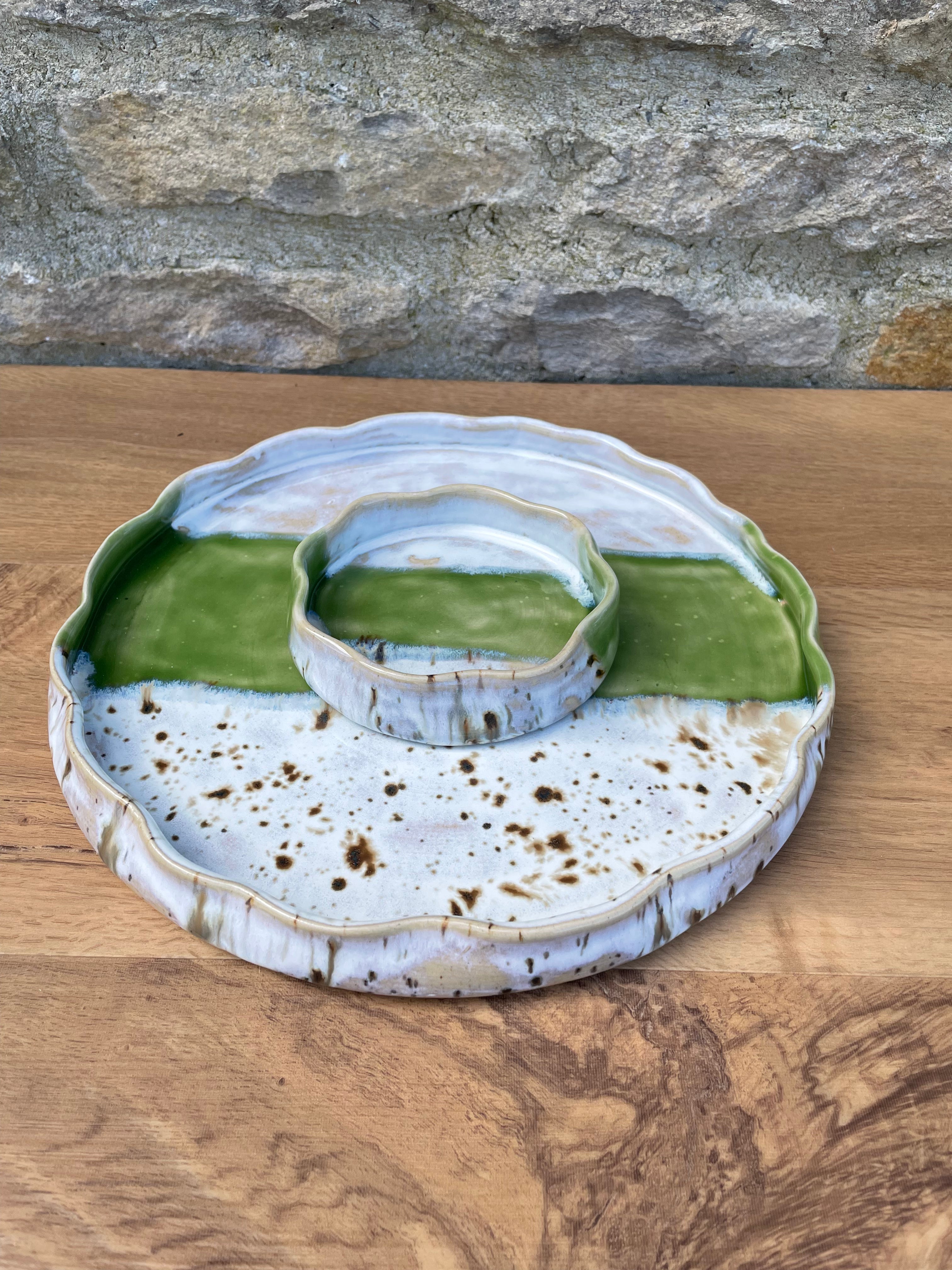 Chip & Dip Dish - Cream, Brown & Green - 869