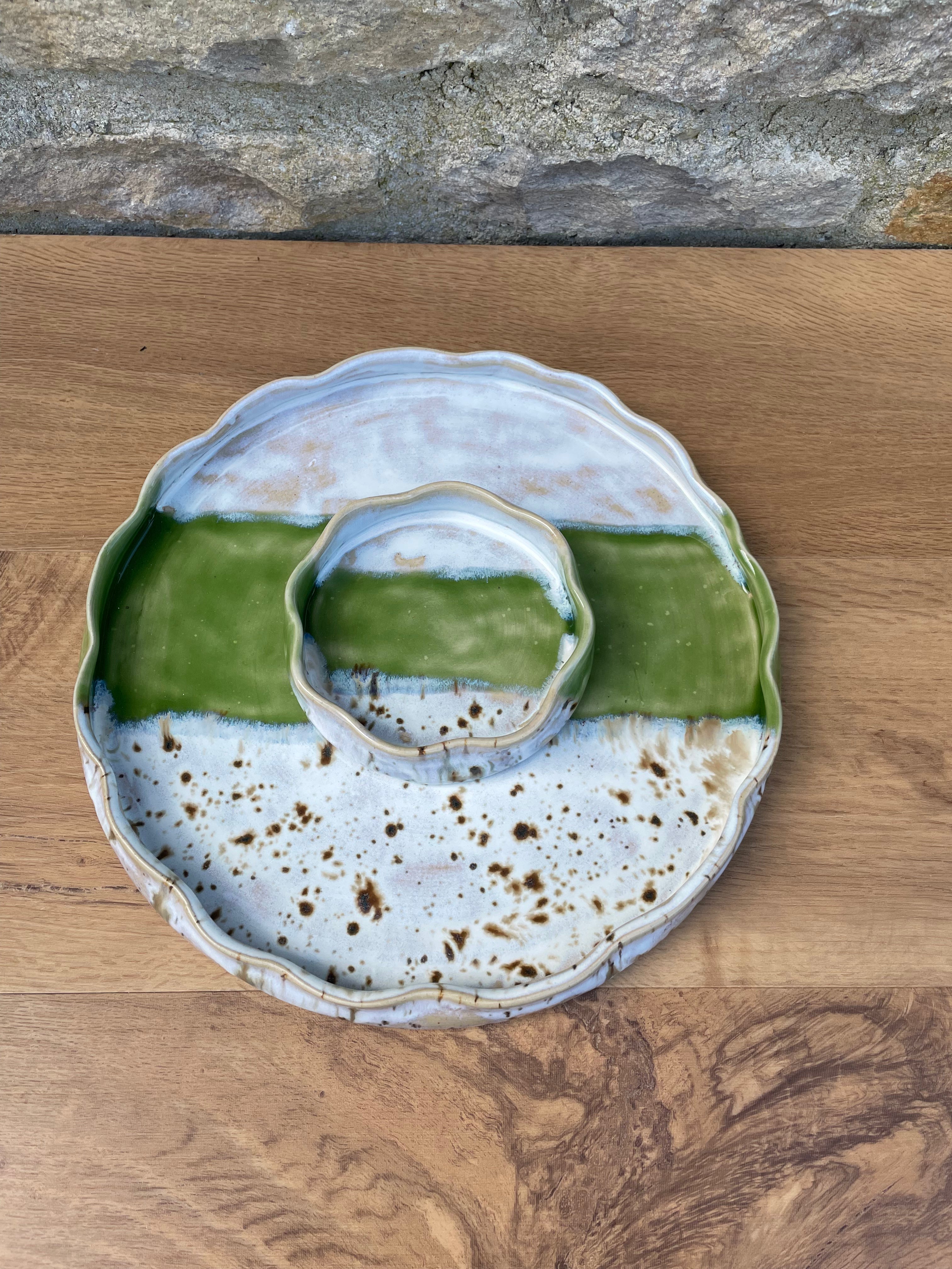 Chip & Dip Dish - Cream, Brown & Green - 869