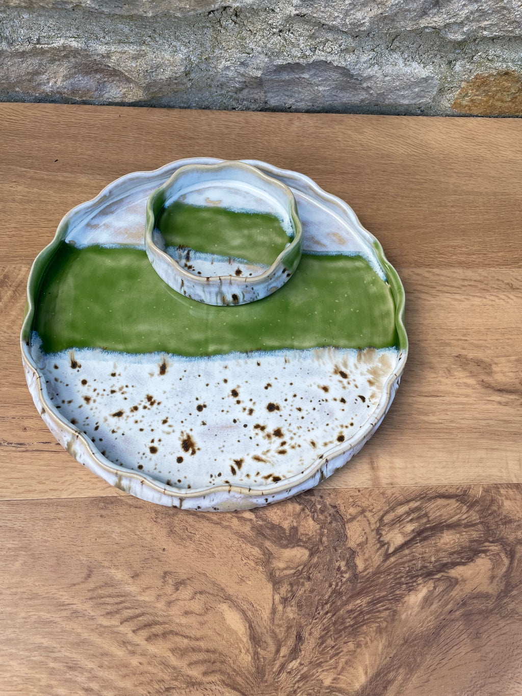 Chip & Dip Dish - Cream, Brown & Green - 869