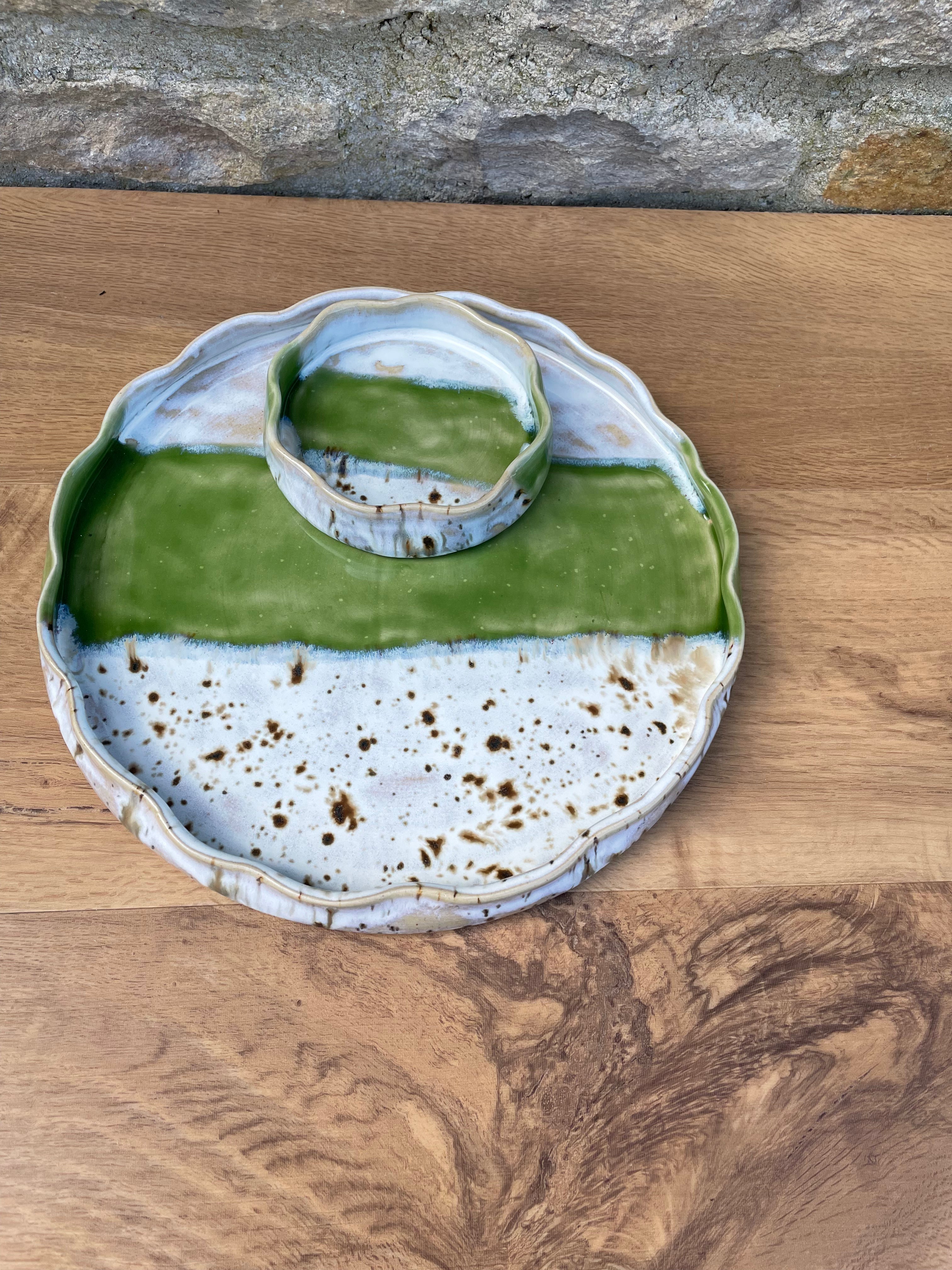 Chip & Dip Dish - Cream, Brown & Green - 869