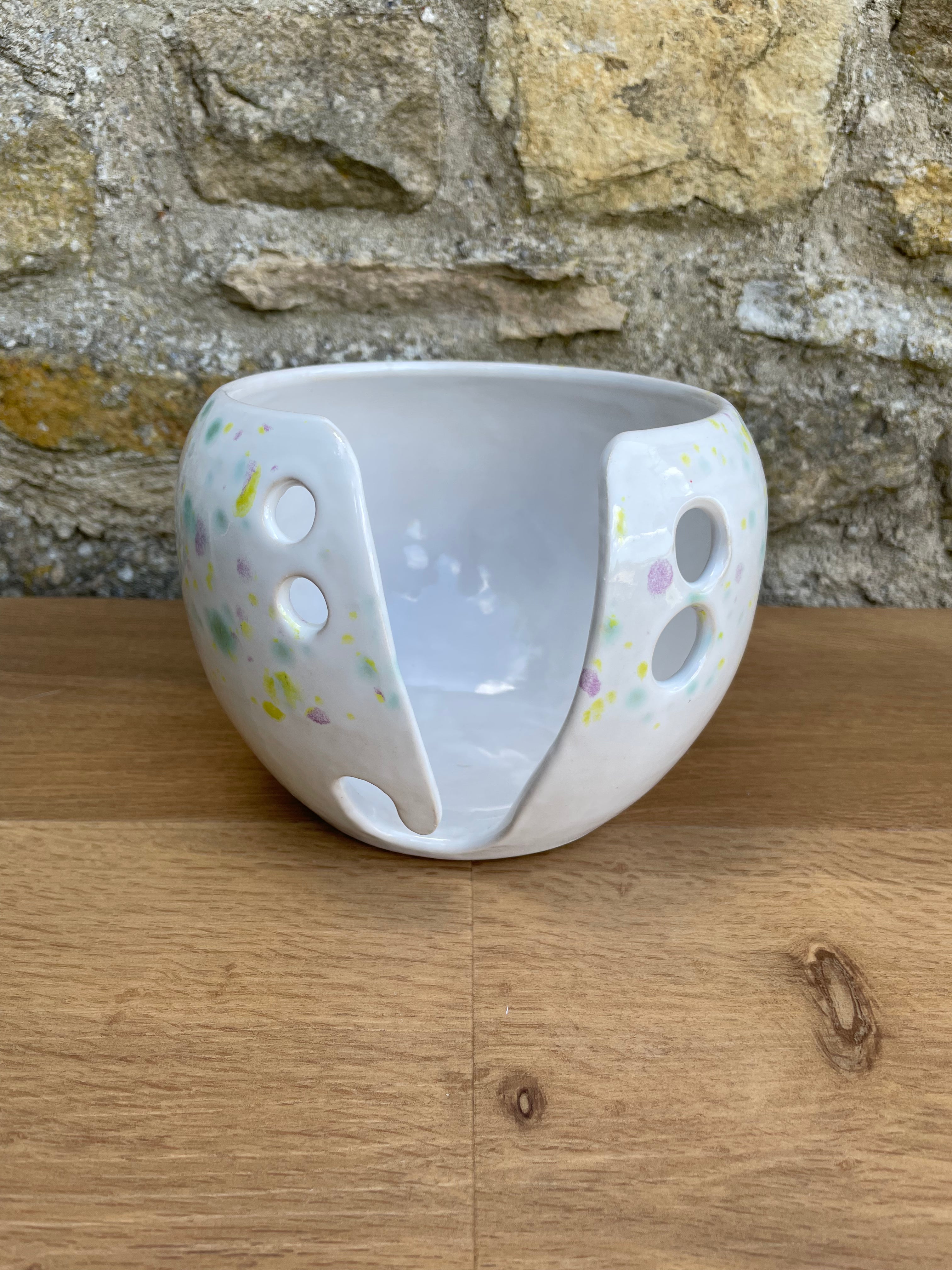 Yarn Bowl - White, Yellow, Purple & Green Dots - 957