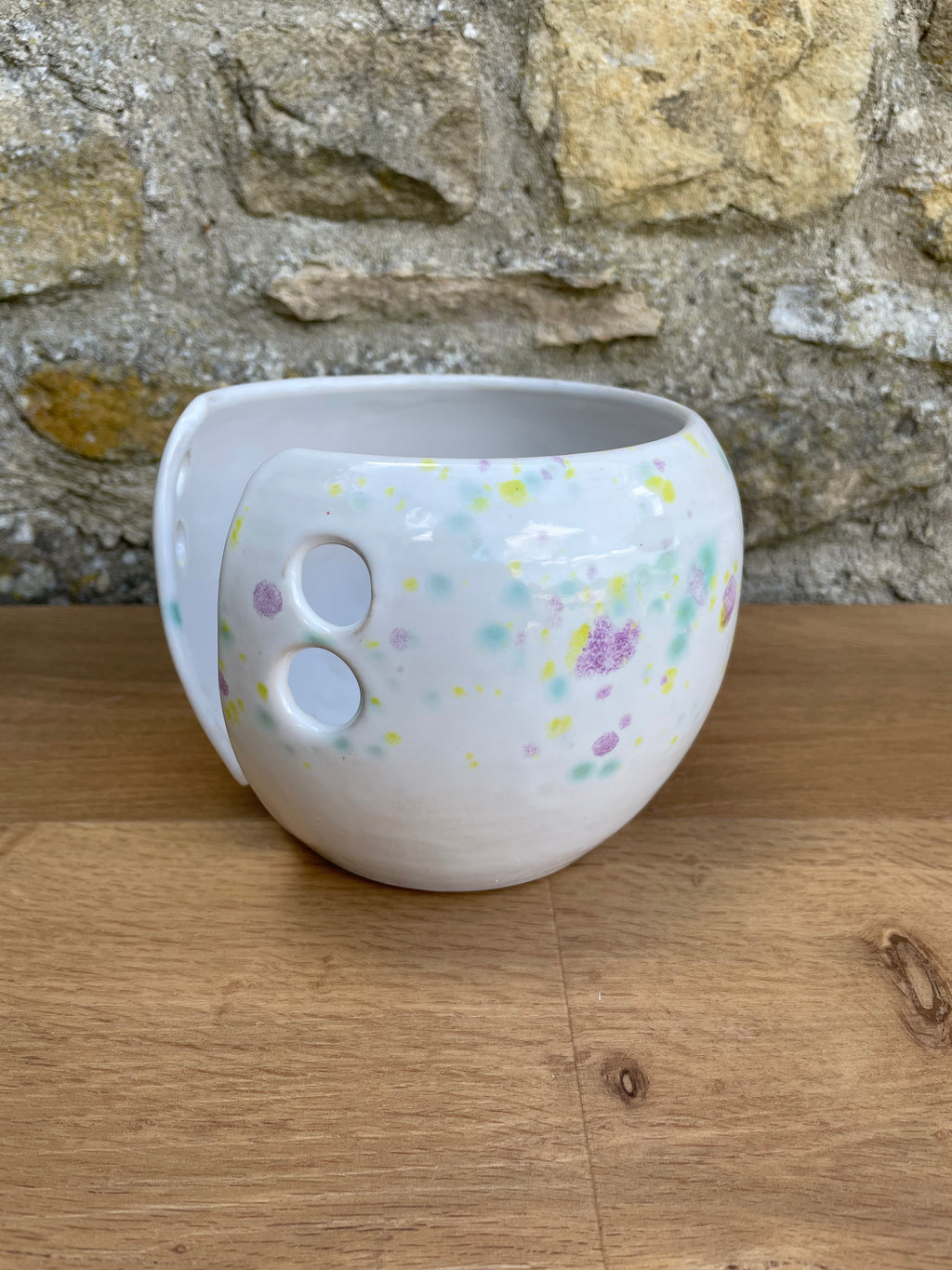 Yarn Bowl - White, Yellow, Purple & Green Dots - 957