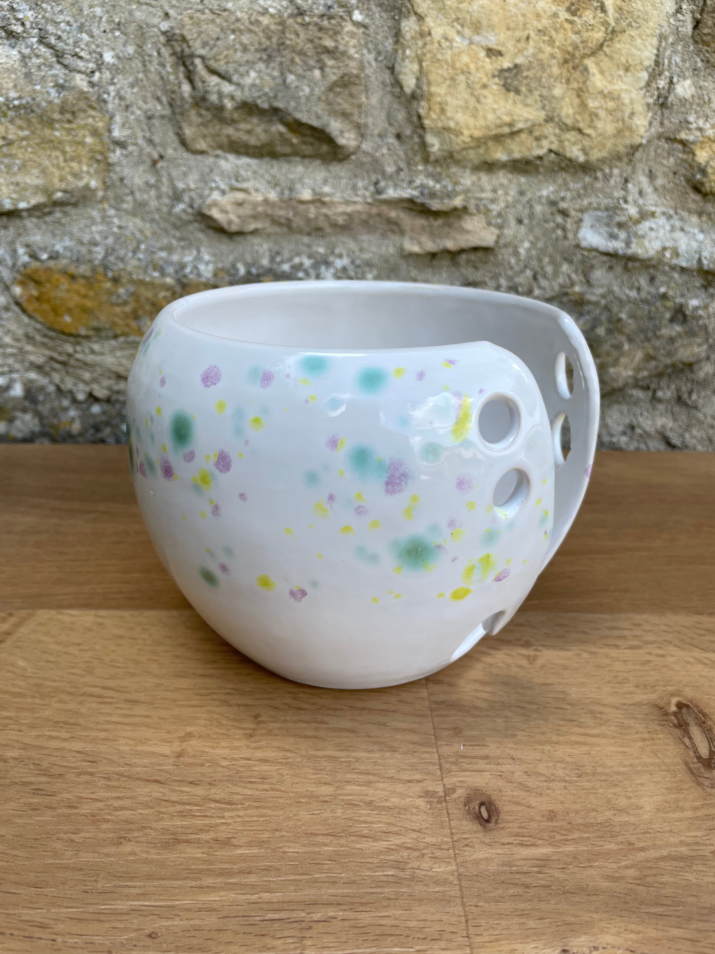 Yarn Bowl - White, Yellow, Purple & Green Dots - 957