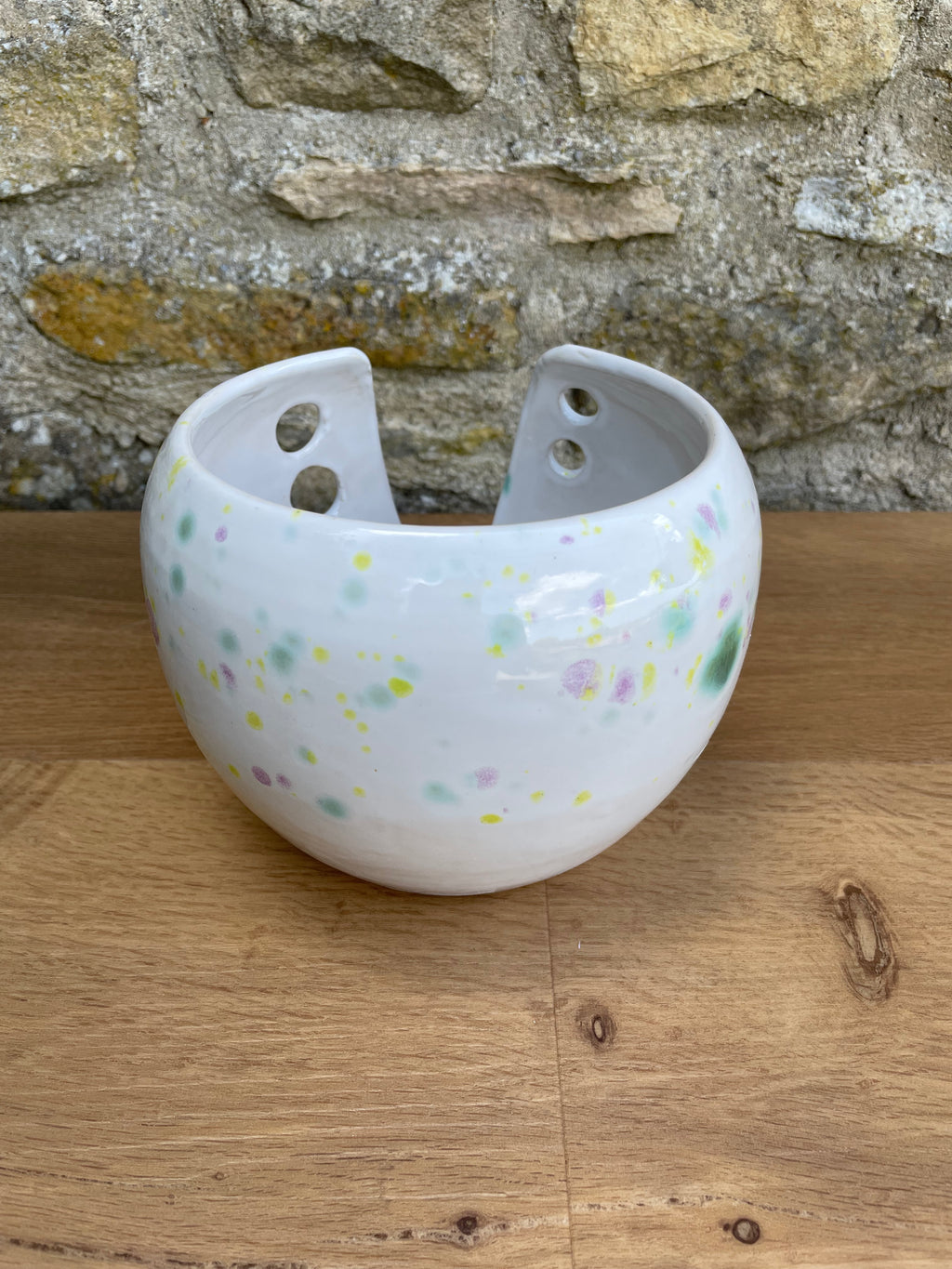 Yarn Bowl - White, Yellow, Purple & Green Dots - 957