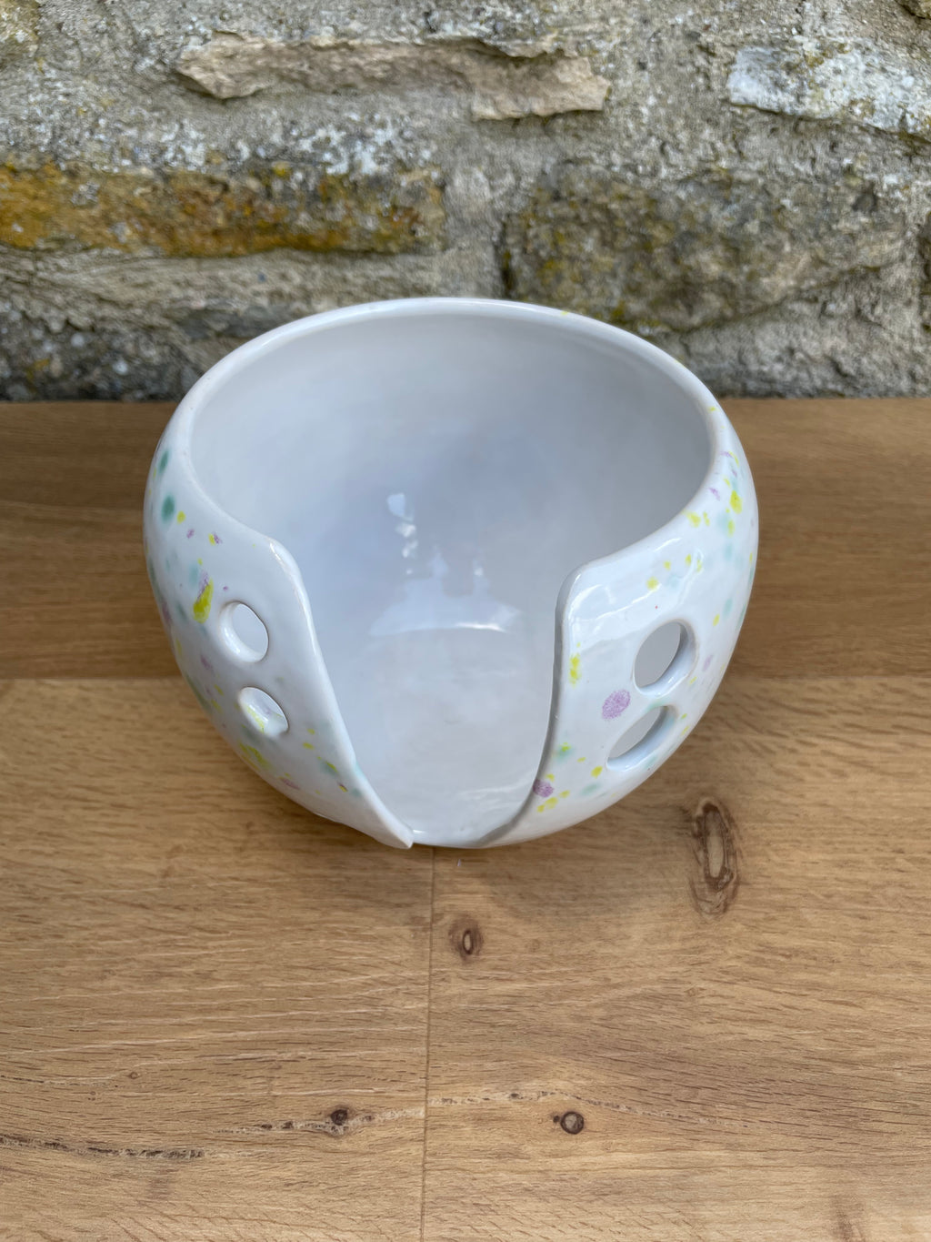Yarn Bowl - White, Yellow, Purple & Green Dots - 957