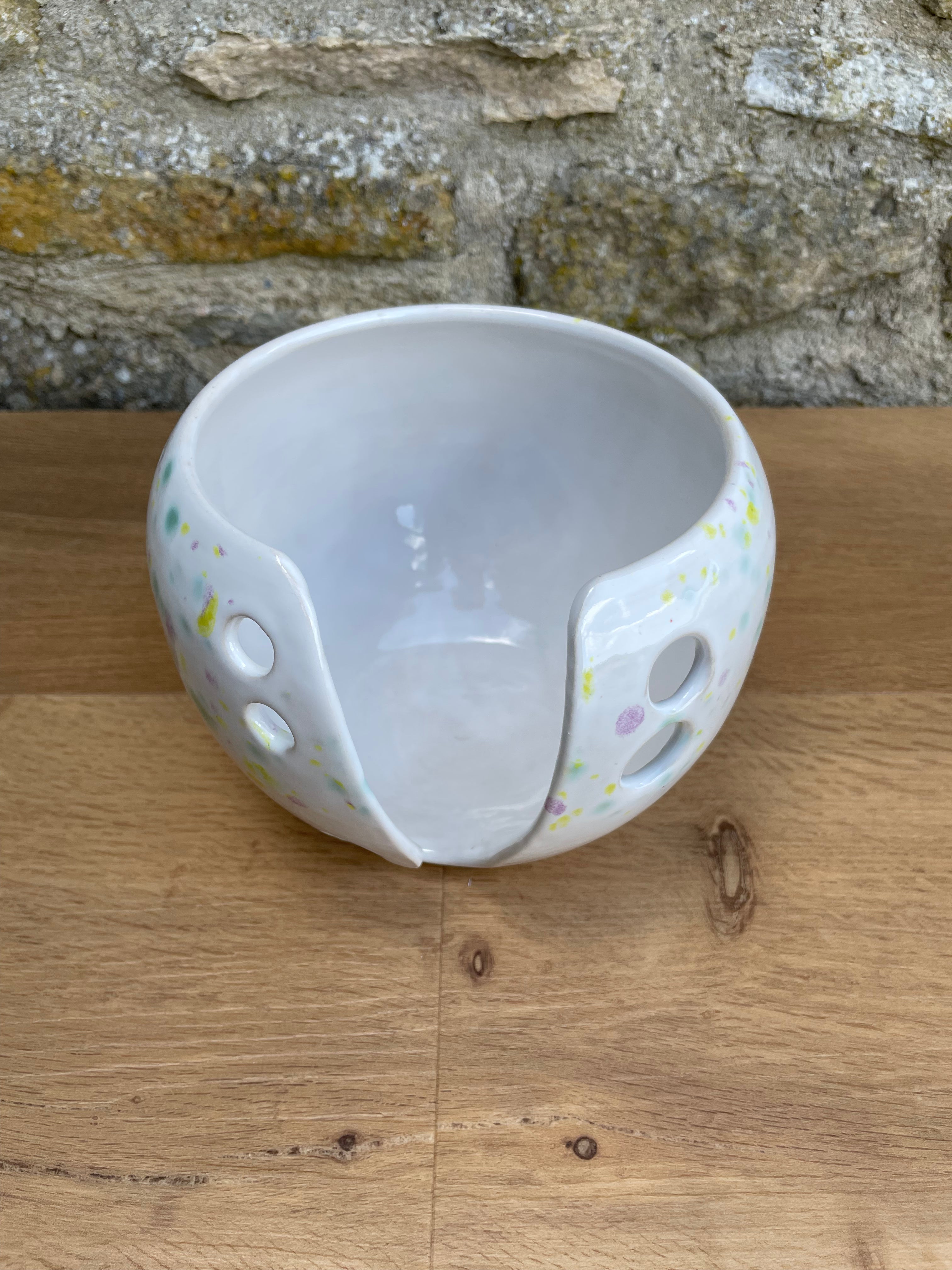 Yarn Bowl - White, Yellow, Purple & Green Dots - 957