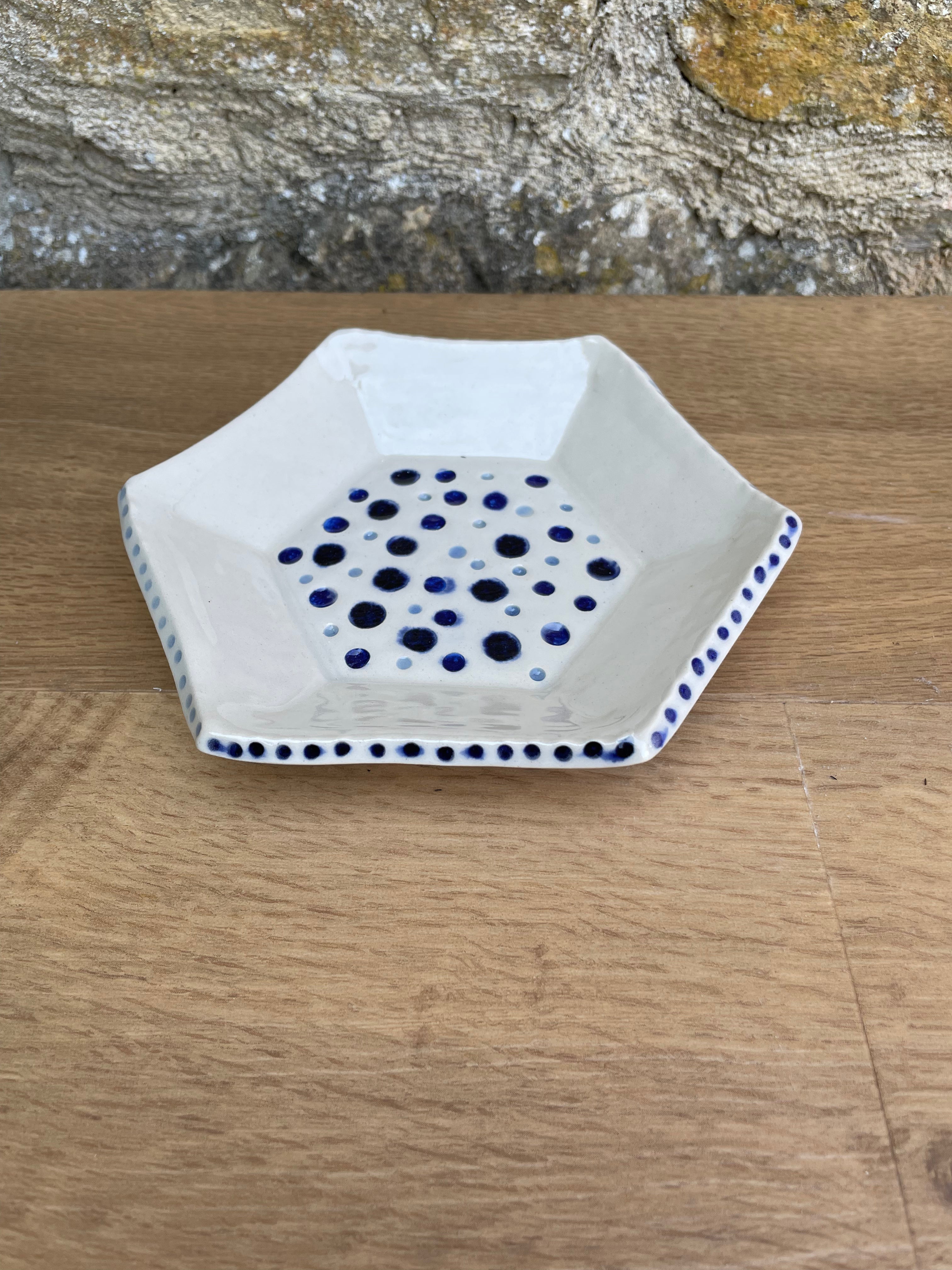 Dish - Hexagonal, Cream, Blue Dots - 970
